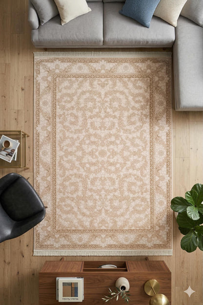 8x11 ft, Beige Floral Classic Silk Rug: Oriental carpet with fine tassels