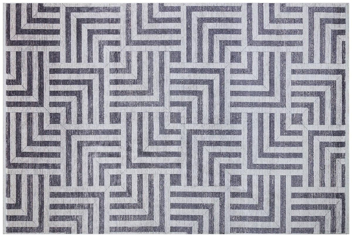5x7 ft, Modern Gray Geometric Bamboo Rug with fine fringes