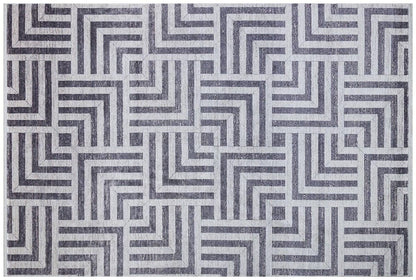 5x7 ft, Modern Gray Geometric Bamboo Rug with fine fringes