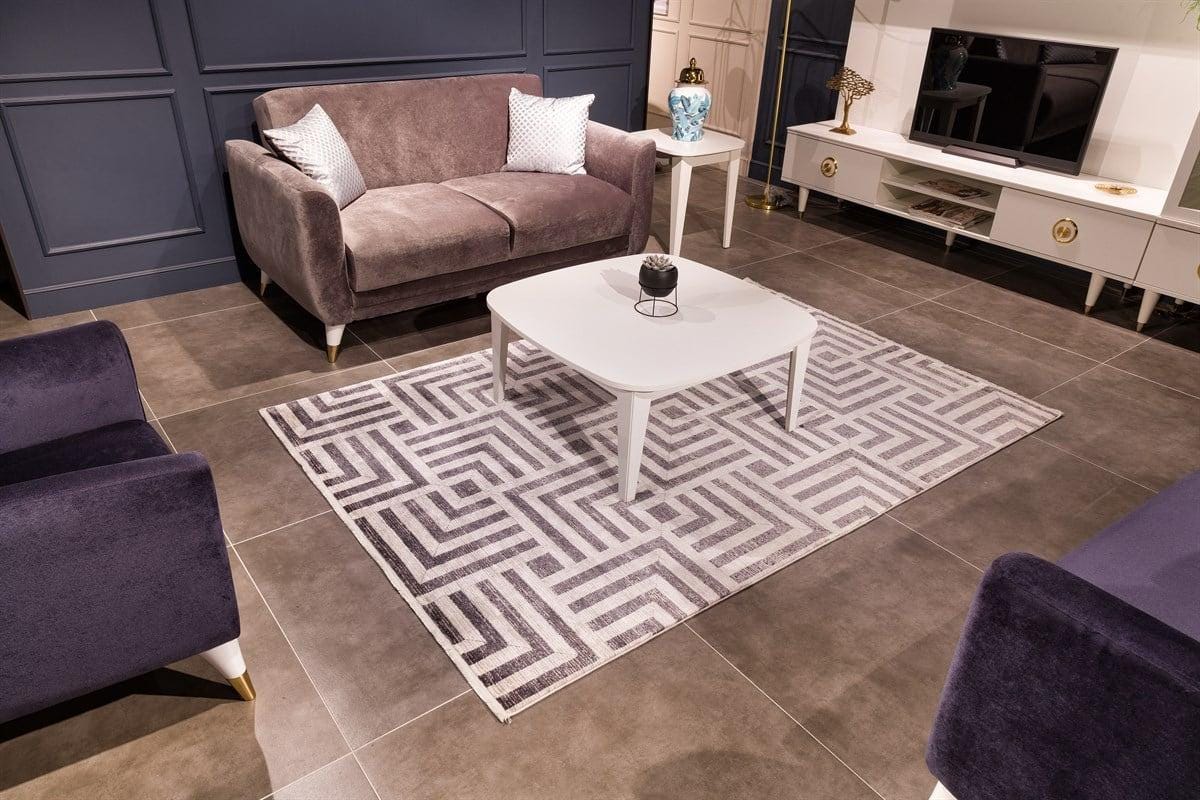 5x7 ft, Modern Gray Geometric Bamboo Rug with fine fringes