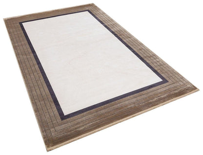 5x7 ft, Modern Cream Geometric Bamboo Rug with fine fringes