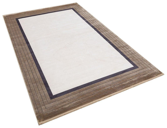 5x7 ft, Modern Cream Geometric Bamboo Rug with fine fringes