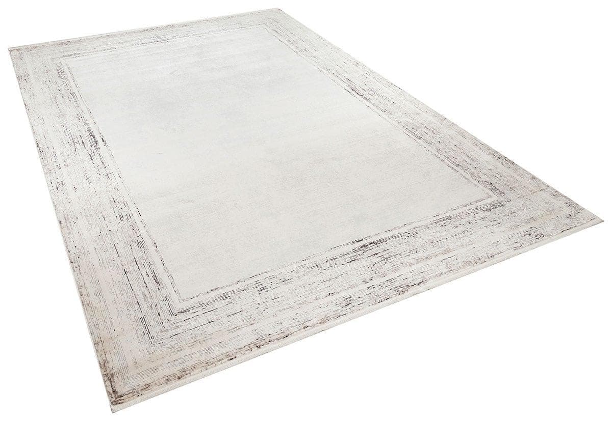 7x10 ft, Modern Cream Bamboo Rug: Bordered viscose carpet with fine fringes
