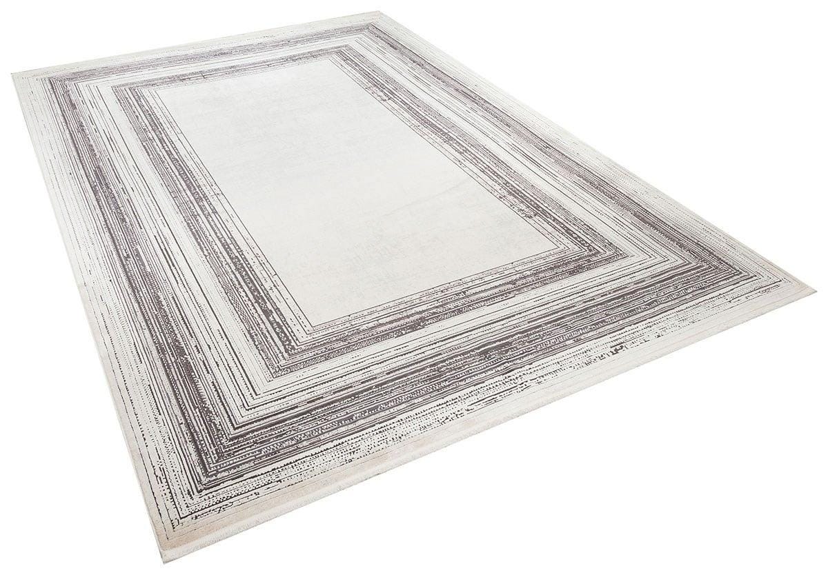 7x10 ft, Modern Cream Bamboo Rug: Bordered viscose carpet with fine fringes