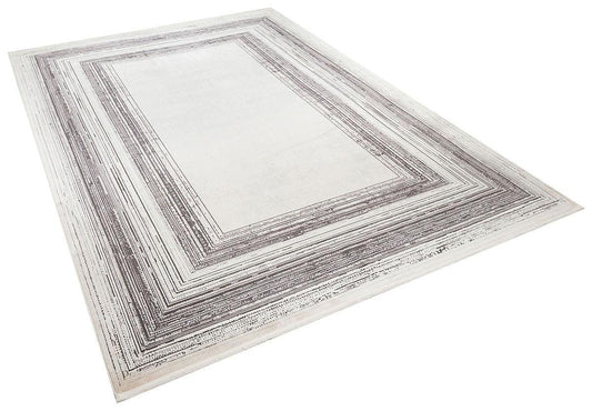 7x10 ft, Modern Cream Bamboo Rug: Bordered viscose carpet with fine fringes