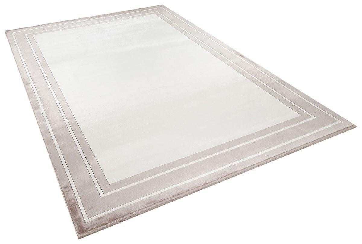 7x10 ft, Modern Cream Bamboo Rug: Bordered viscose carpet with fine fringes