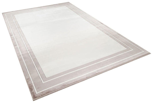 7x10 ft, Modern Cream Bamboo Rug: Bordered viscose carpet with fine fringes