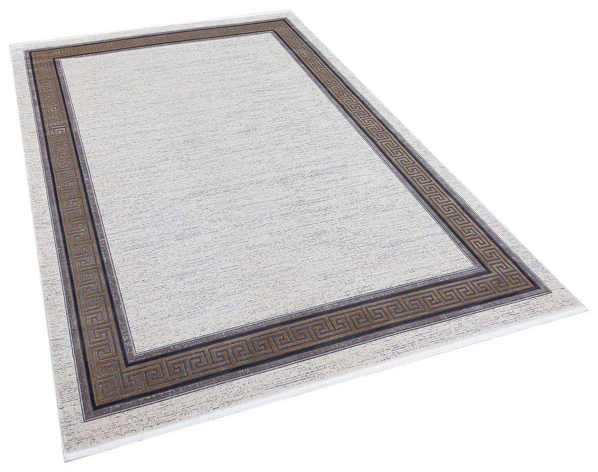 7x10 ft, Modern Cream Bamboo Rug: Bordered viscose carpet with fine fringes