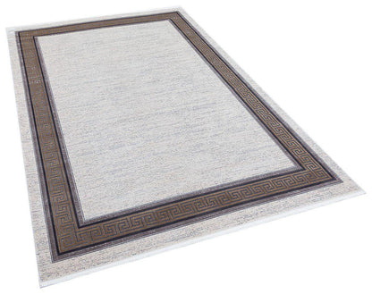 7x10 ft, Modern Cream Bamboo Rug: Bordered viscose carpet with fine fringes