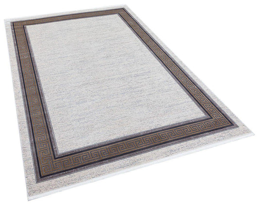 7x10 ft, Modern Cream Bamboo Rug: Bordered viscose carpet with fine fringes