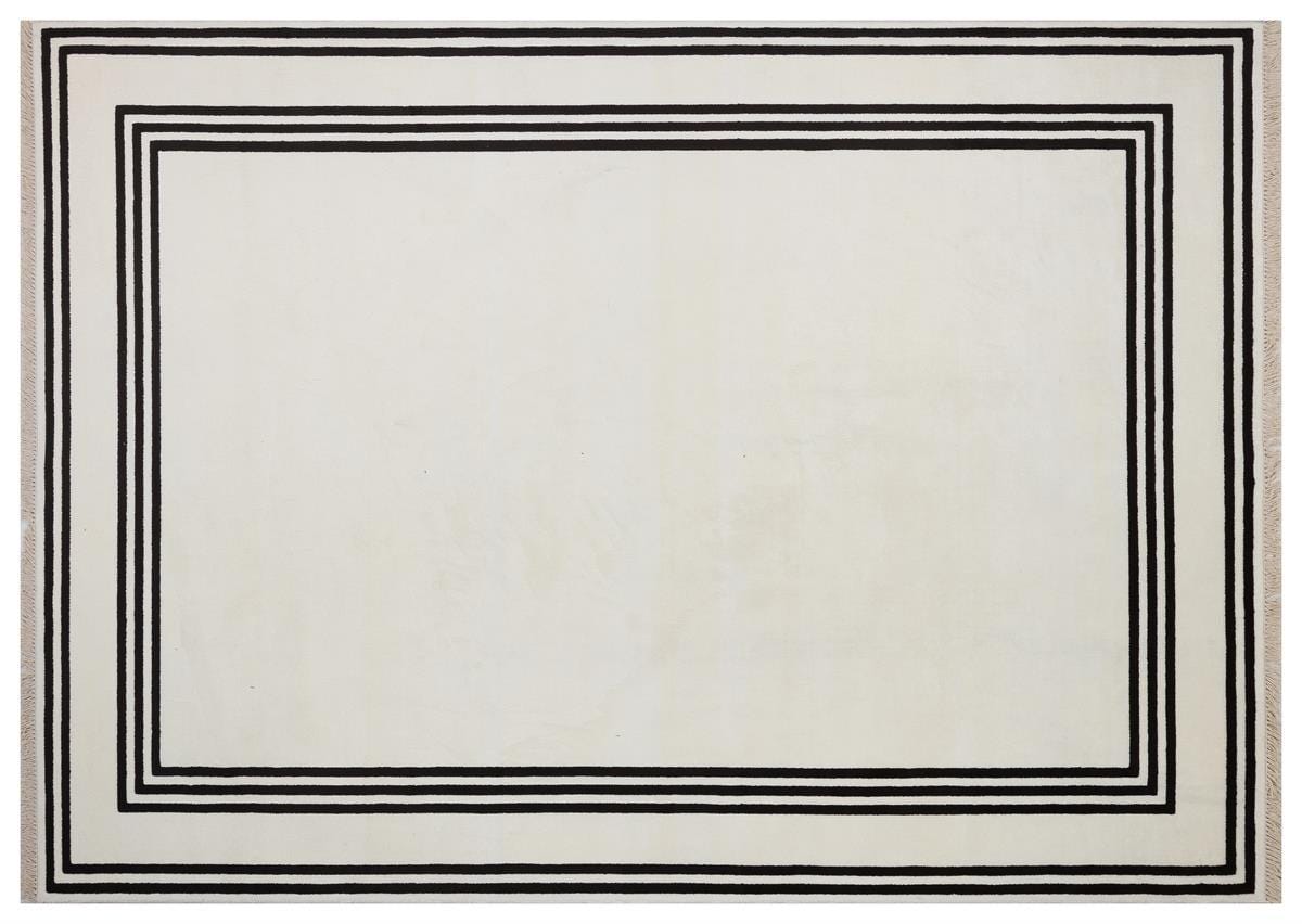 5x7 ft, Modern White Bordered Bamboo Rug with fine fringes