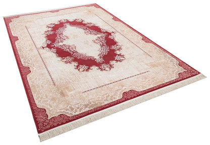 7x10ft, Burgundy Classic Medallion Rug, Bamboo Yarn, Hand-Finished Silk Tassels