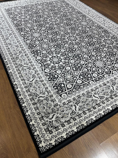 7x10 ft, Classic Black Bamboo Rug: Oriental black fine carpet with Fringes