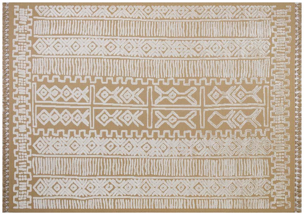 Modern Geometric High-Low Pile Viscose Carpet – Beige & White Tribal Design Area Rug