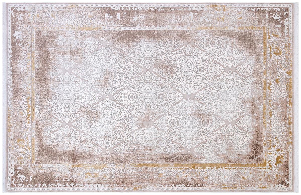 Distressed Oriental Area Rug – Beige Medallion Carpet, Turkish Boho Style