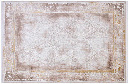 Distressed Oriental Area Rug – Beige Medallion Carpet, Turkish Boho Style