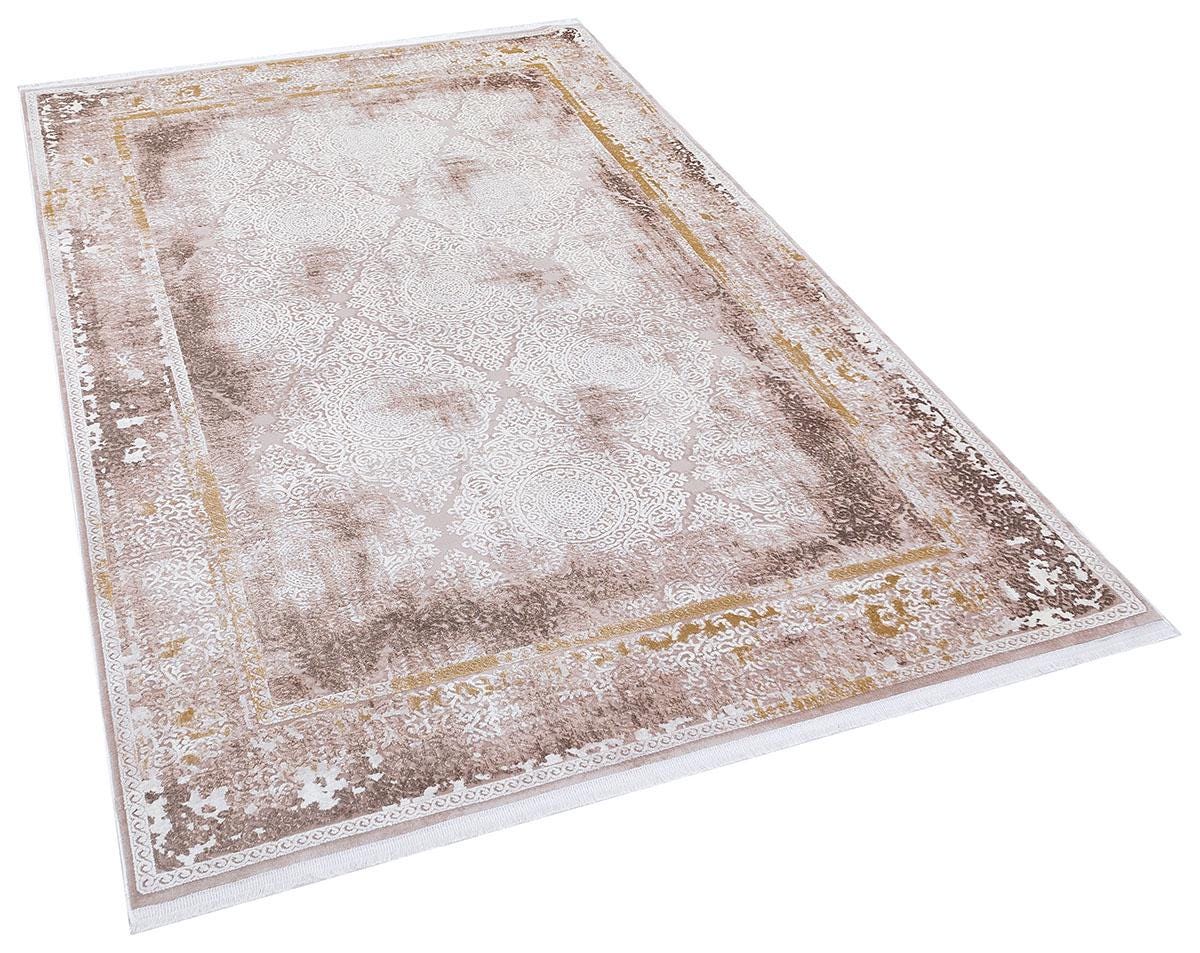 Distressed Oriental Area Rug – Beige Medallion Carpet, Turkish Boho Style
