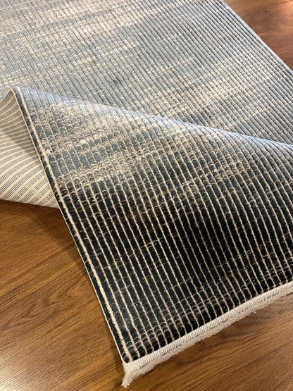Modern Marsala Blue Textured Rug – Distressed Linear Woven Floor Carpet (Customizable Size)