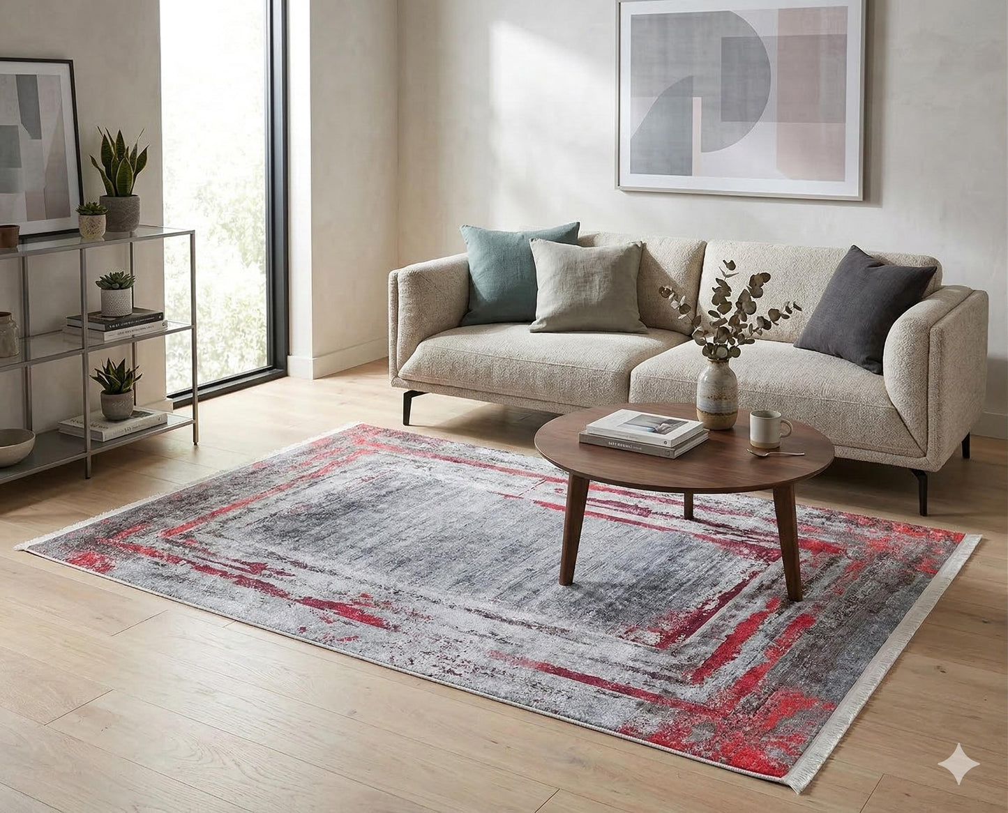 Modern Distressed Area Rug – Grey Crimson Abstract Carpet, Low Pile Non-Slip Floor Decor