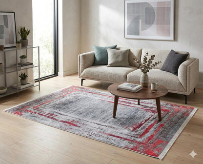 Modern Distressed Area Rug – Grey Crimson Abstract Carpet, Low Pile Non-Slip Floor Decor