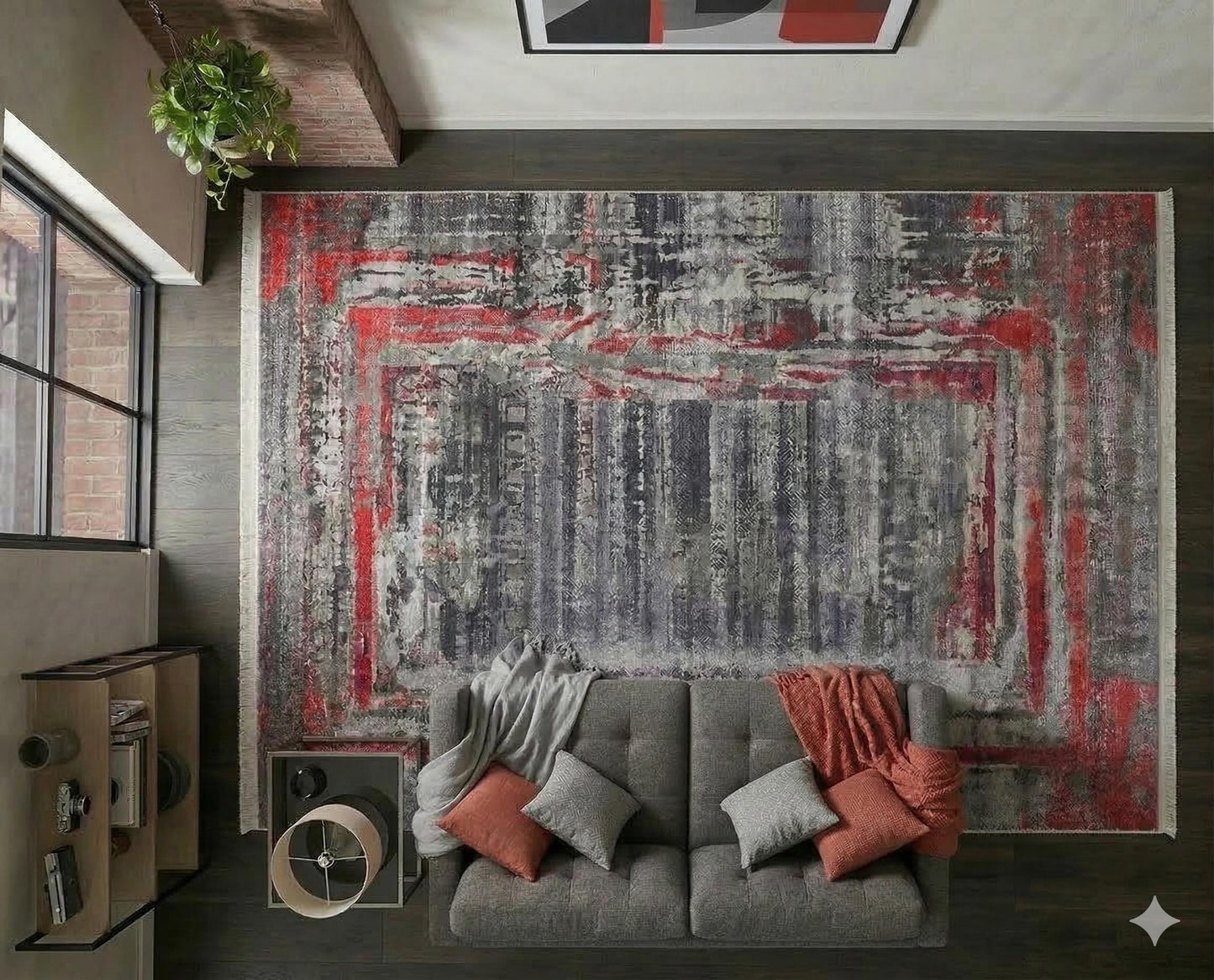 Modern Distressed Area Rug – Grey Crimson Abstract Carpet, Low Pile Non-Slip Floor Decor