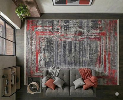 Modern Distressed Area Rug – Grey Crimson Abstract Carpet, Low Pile Non-Slip Floor Decor