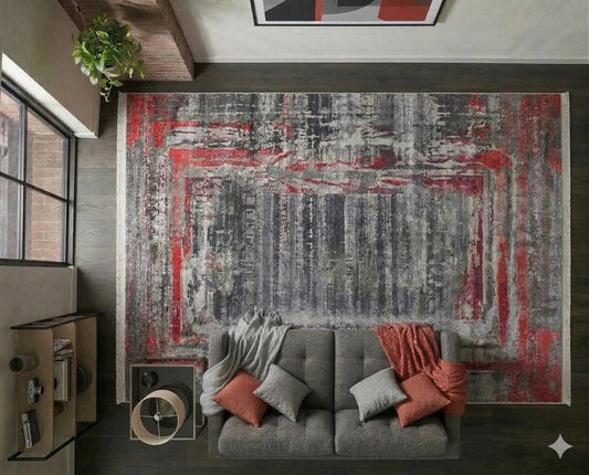 Modern Distressed Area Rug – Grey Crimson Abstract Carpet, Low Pile Non-Slip Floor Decor