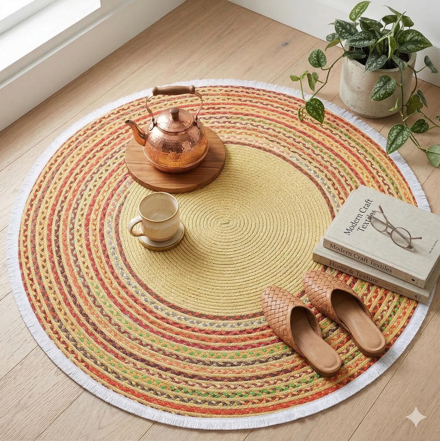 Braided Round Area Rug – Yellow, Red, Boho Cotton Carpet, Washable Circular Rug