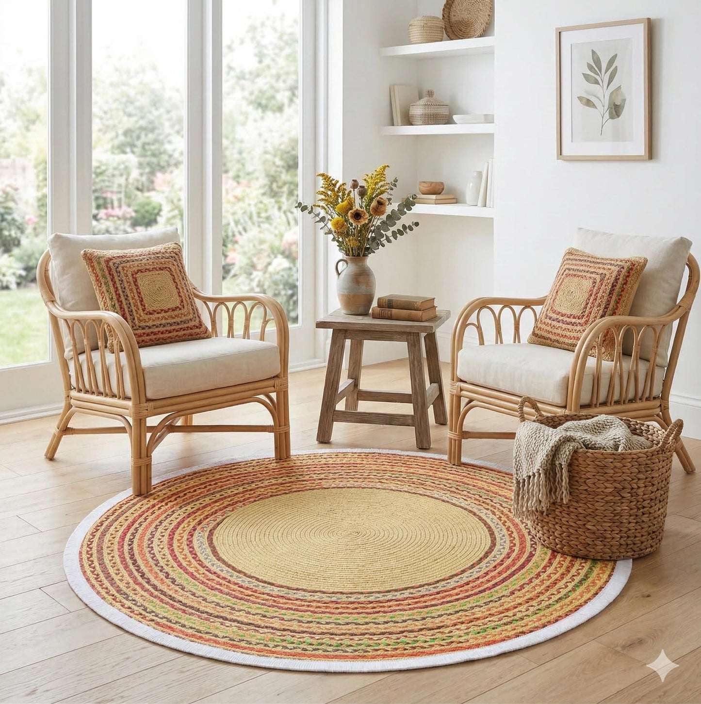 Braided Round Area Rug – Yellow, Red, Boho Cotton Carpet, Washable Circular Rug
