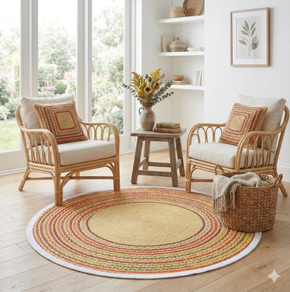 Braided Round Area Rug – Yellow, Red, Boho Cotton Carpet, Washable Circular Rug