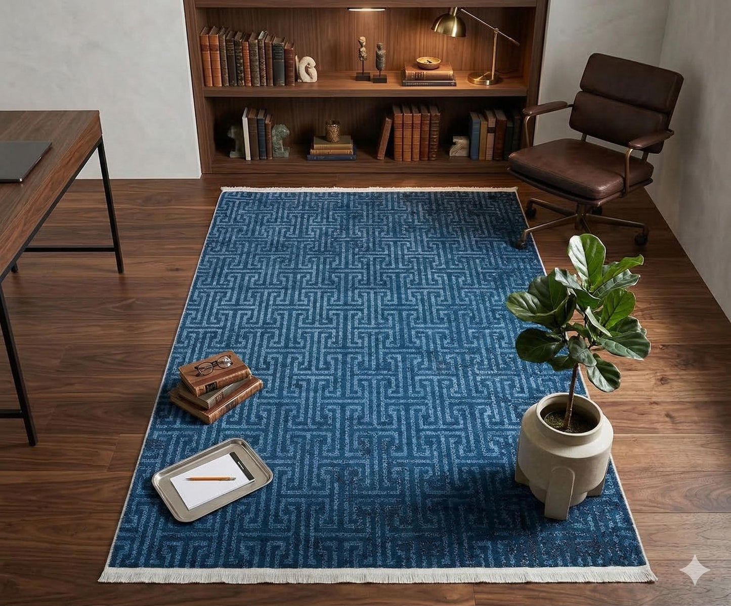 Navy Blue Greek Key Washable Area Rug, Distressed Indigo Geometric Carpet