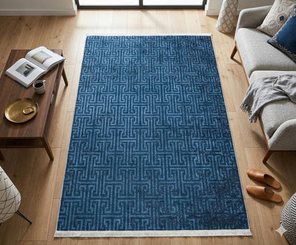 Navy Blue Greek Key Washable Area Rug, Distressed Indigo Geometric Carpet