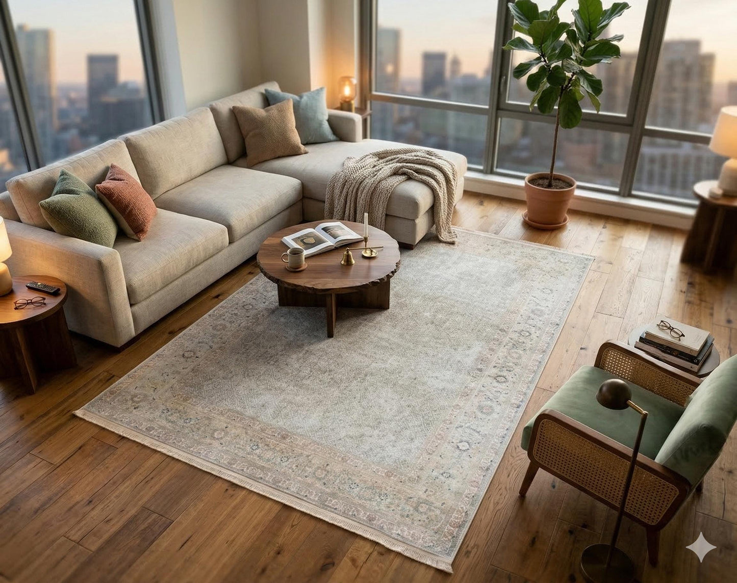 Distressed Persian Area Rug – Sage Cream Traditional Turkish Carpet, Washable Low Pile