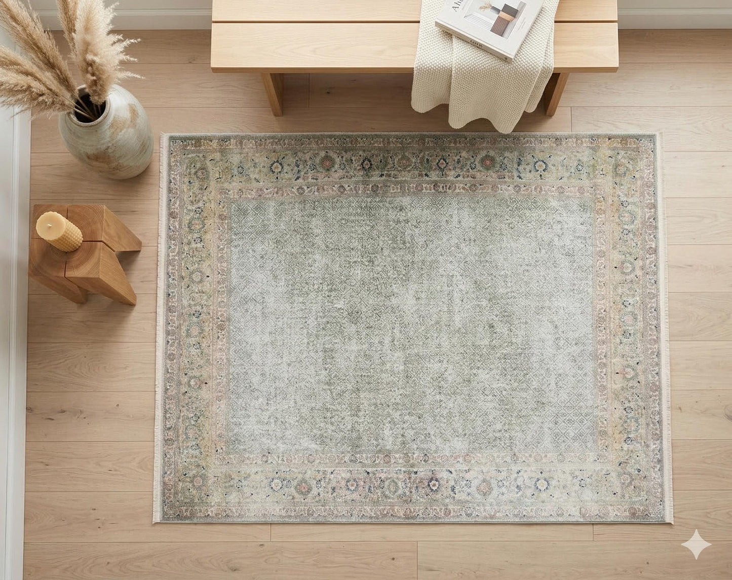 Distressed Persian Area Rug – Sage Cream Traditional Turkish Carpet, Washable Low Pile