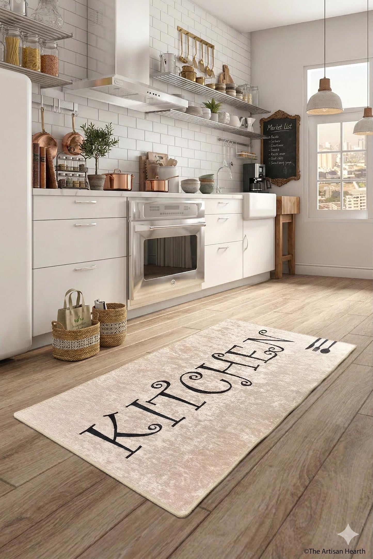 Large Kitchen Runner Mat, Decorative Calligraphy, Farmhouse Floor Rug