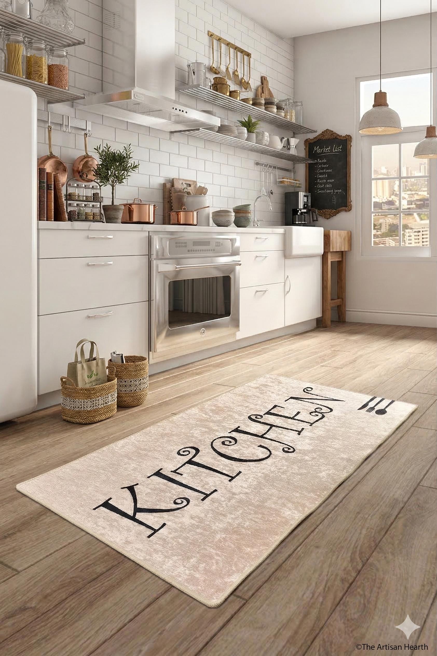 Large Kitchen Runner Mat, Decorative Calligraphy, Farmhouse Floor Rug