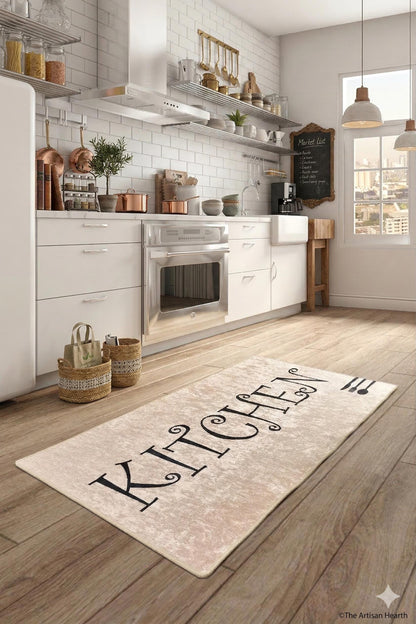 Large Kitchen Runner Mat, Decorative Calligraphy, Farmhouse Floor Rug