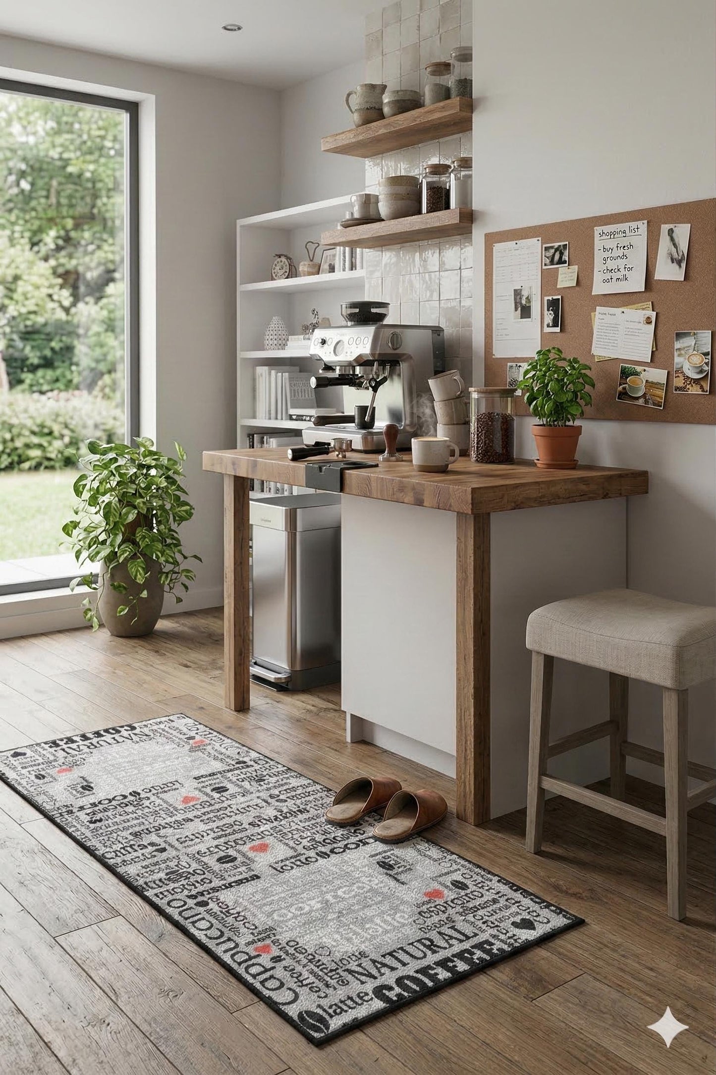 Modern Coffee Kitchen Runner, Espresso Latte Typography Decor, Washable Non-Slip Mat