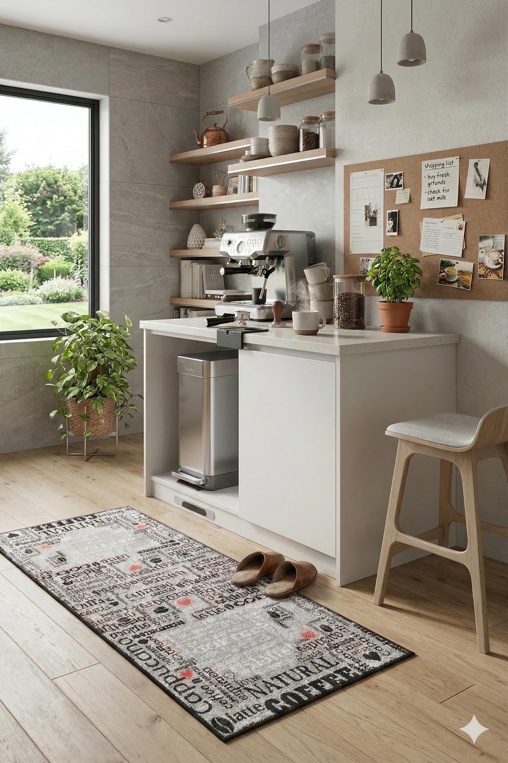 Modern Coffee Kitchen Runner, Espresso Latte Typography Decor, Washable Non-Slip Mat
