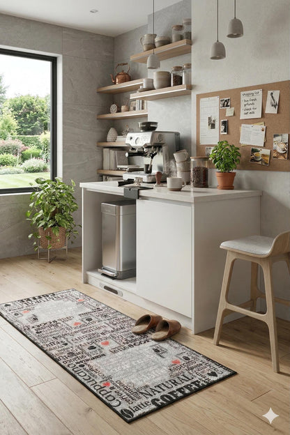 Modern Coffee Kitchen Runner, Espresso Latte Typography Decor, Washable Non-Slip Mat