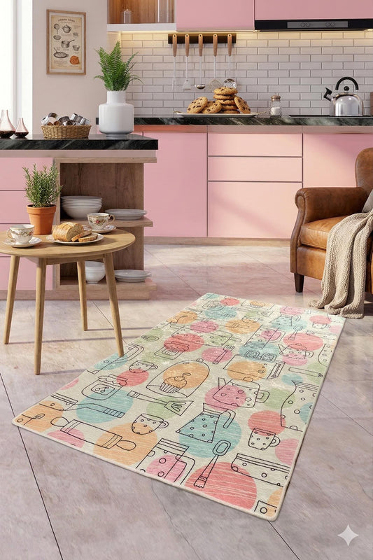 Pastel Kitchen Runner Rug, Hand-Drawn Baking and Coffee Pattern Floor Mat
