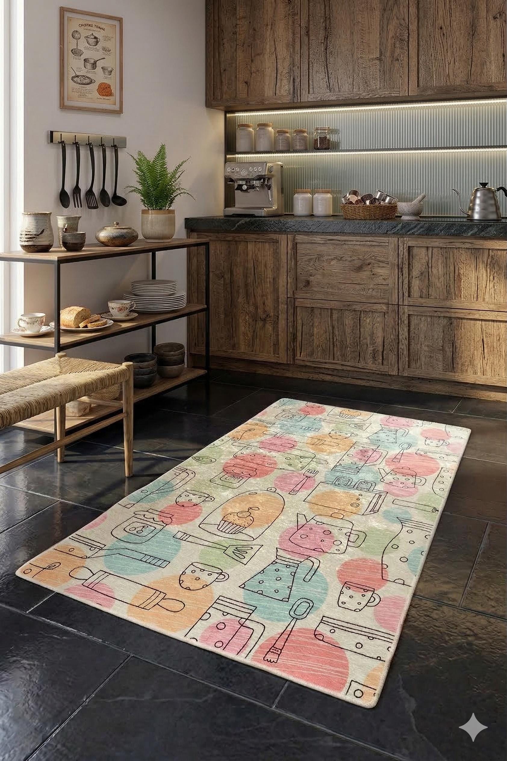 Pastel Kitchen Runner Rug, Hand-Drawn Baking and Coffee Pattern Floor Mat