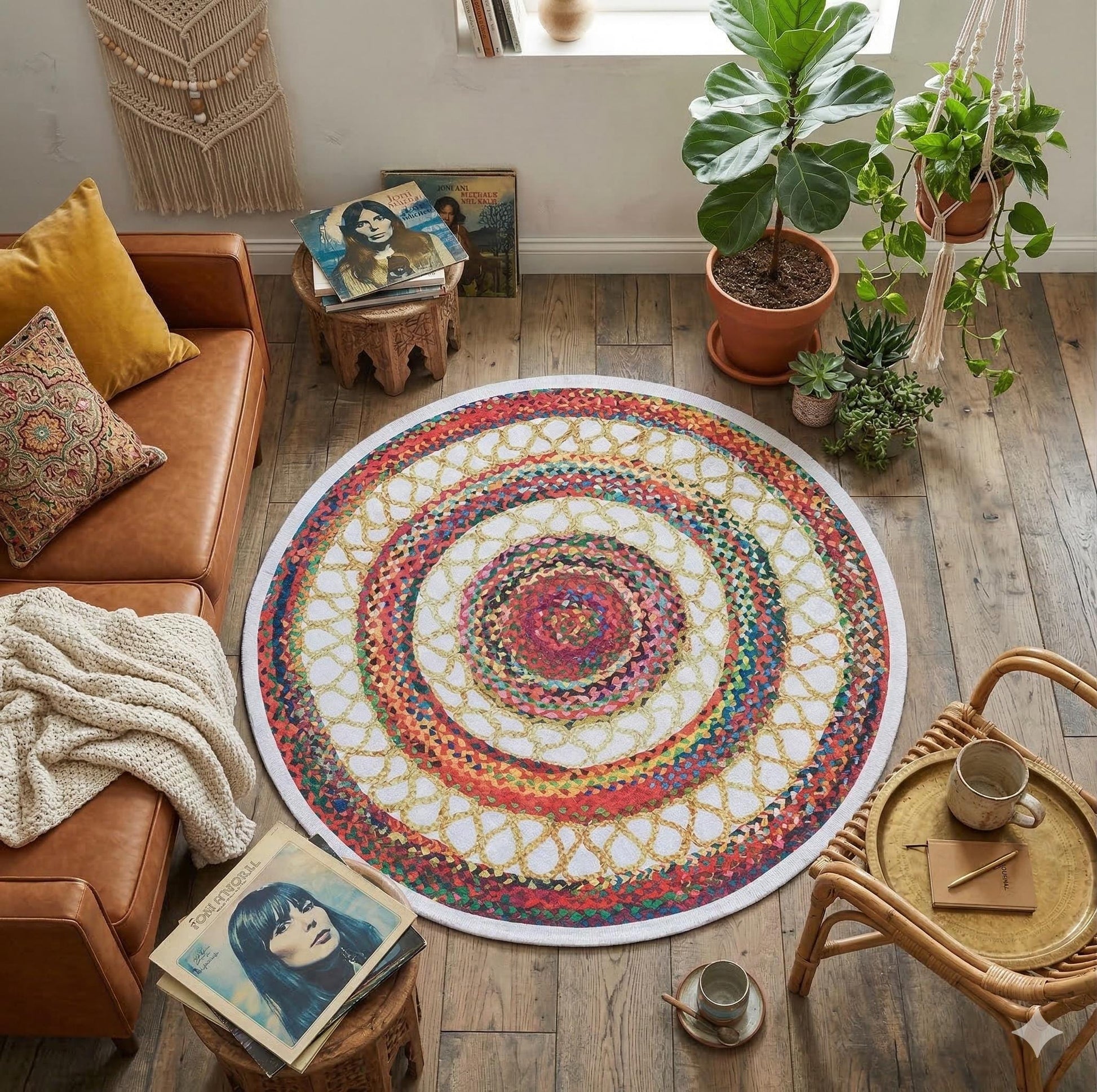 Round Boho Braided Cotton Rug – Washable Multi-Color Area Carpet