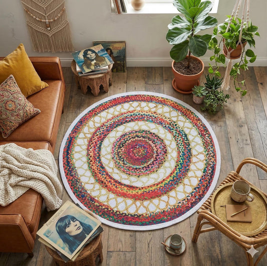 Round Boho Braided Cotton Rug – Washable Multi-Color Area Carpet