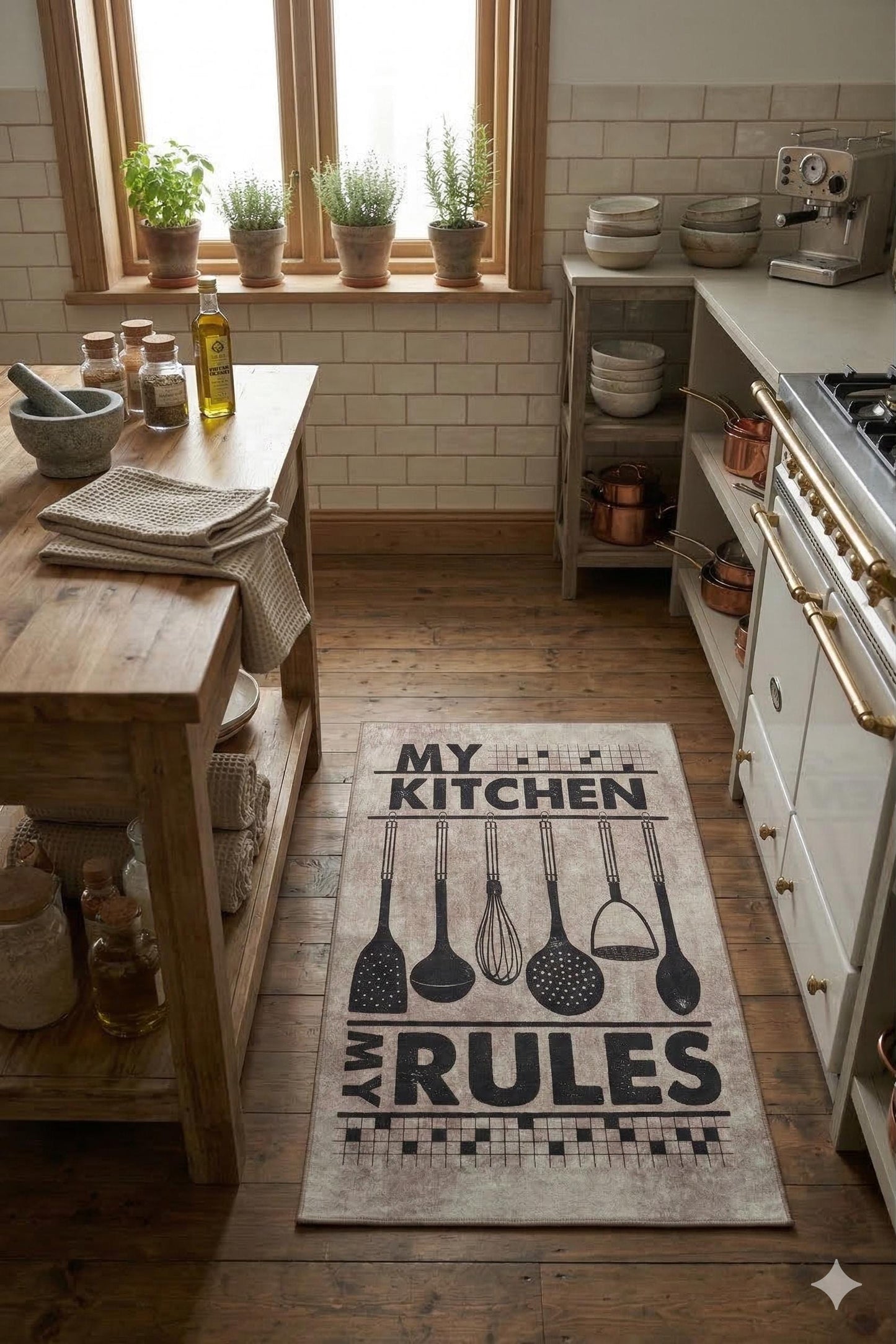 My Kitchen My Rules Farmhouse Rug, Non-Slip Runner, Rustic Cooking Decor