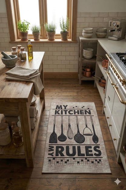 My Kitchen My Rules Farmhouse Rug, Non-Slip Runner, Rustic Cooking Decor