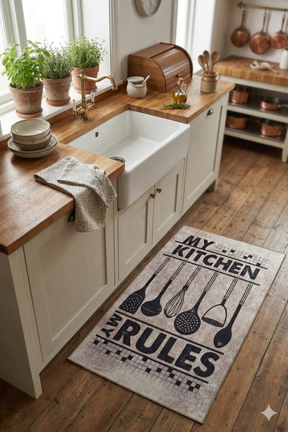 My Kitchen My Rules Farmhouse Rug, Non-Slip Runner, Rustic Cooking Decor