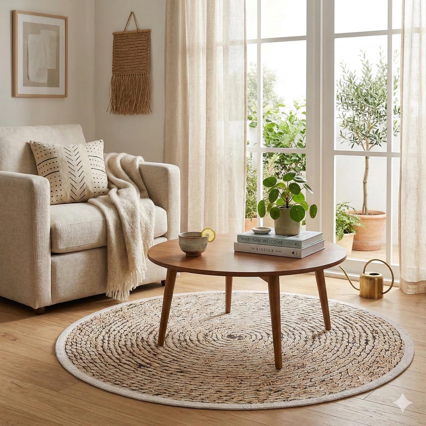 Washable Braided Spiral Round Rug, Faux Jute Farmhouse Carpet with Fringe