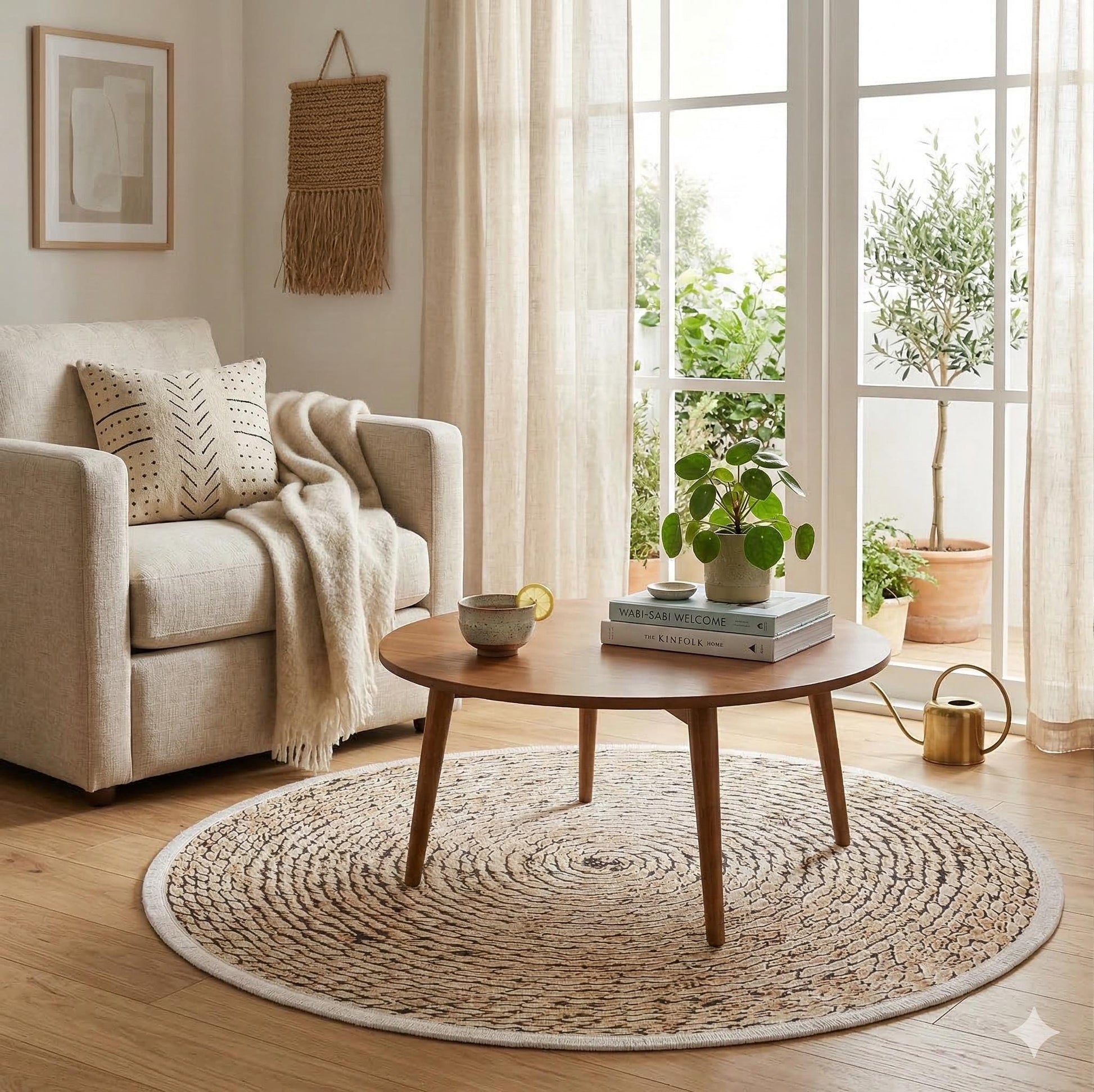 Washable Braided Spiral Round Rug, Faux Jute Farmhouse Carpet with Fringe