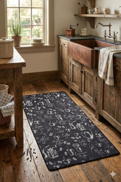 Chalkboard Coffee Kitchen Rug, Non-Slip Runner, Farmhouse Espresso Decor